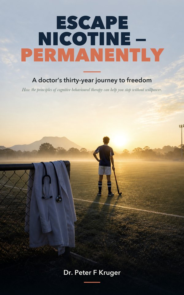 Book cover: a young field-hockey player at sunrise, a white coat and stethoscope on the fence beside him