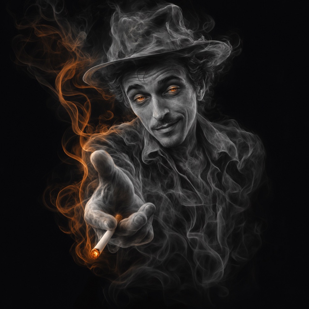 A wiry con man made of smoke, tipping his hat and offering a cigarette like a card trick
